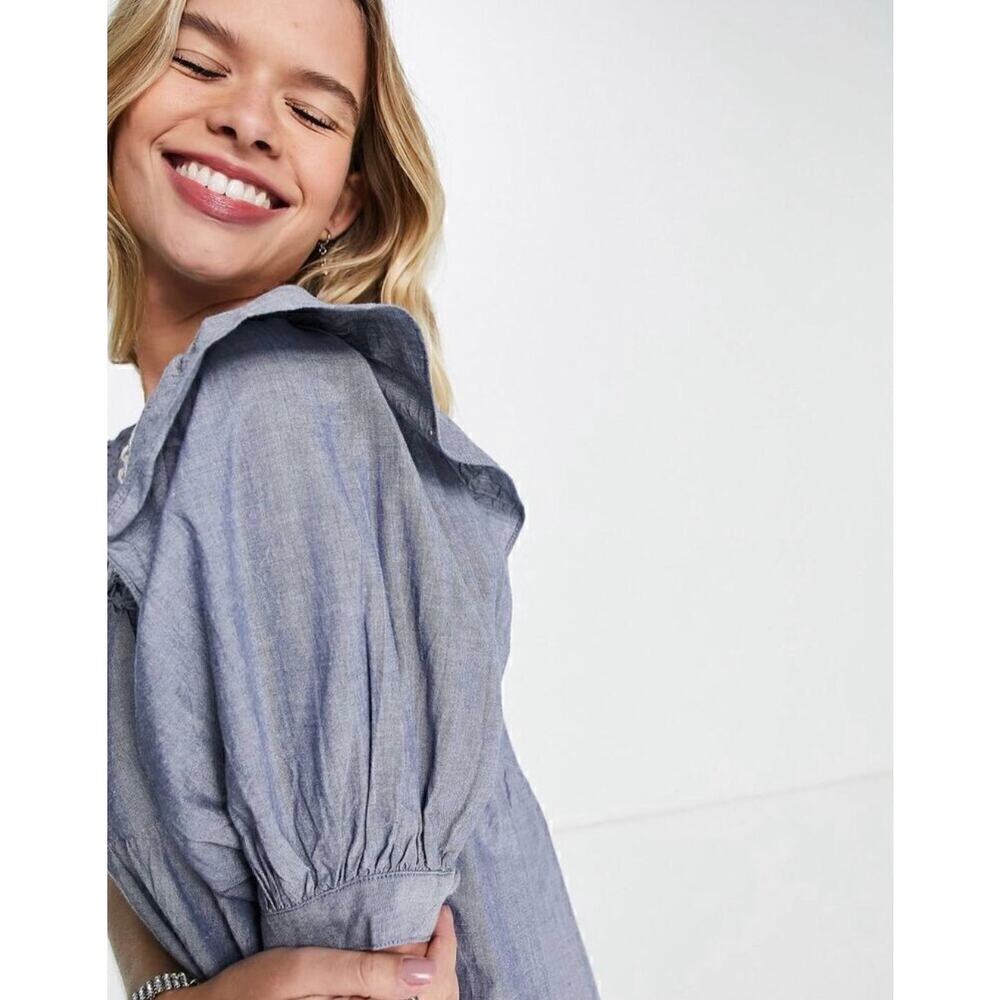 Free People Amelie Denim Mini Dress Blue Chambray Ruffle Puff Sleeve XS EUC - Picture 9 of 13